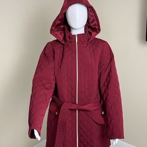 Dennis by Dennis Basso XL Hooded Belted Trench Coat Burgundy Quilted Puffer